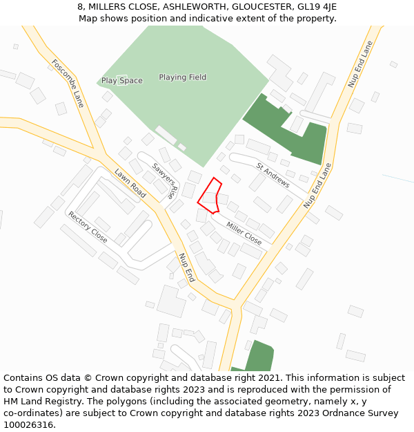 8, MILLERS CLOSE, ASHLEWORTH, GLOUCESTER, GL19 4JE: Location map and indicative extent of plot