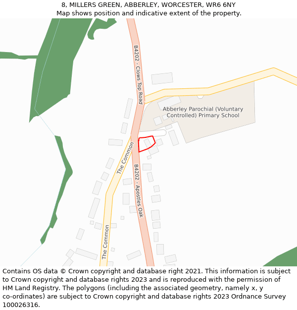 8, MILLERS GREEN, ABBERLEY, WORCESTER, WR6 6NY: Location map and indicative extent of plot