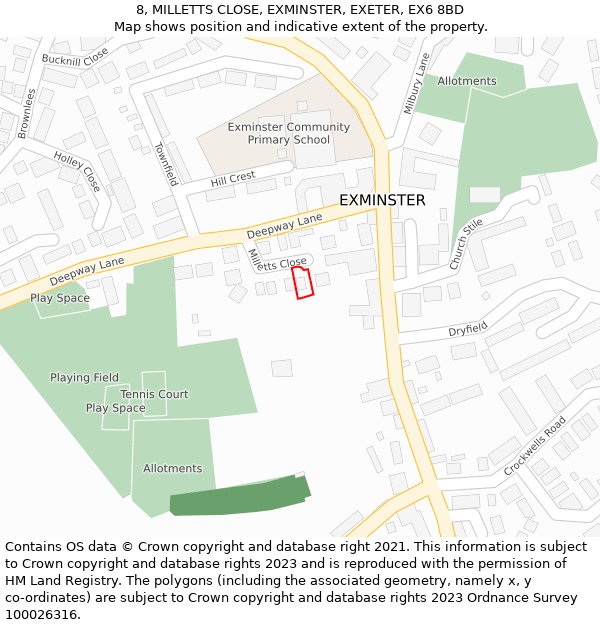 8, MILLETTS CLOSE, EXMINSTER, EXETER, EX6 8BD: Location map and indicative extent of plot