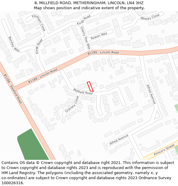 8, MILLFIELD ROAD, METHERINGHAM, LINCOLN, LN4 3HZ: Location map and indicative extent of plot