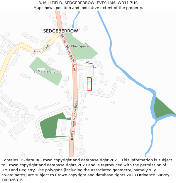 8, MILLFIELD, SEDGEBERROW, EVESHAM, WR11 7US: Location map and indicative extent of plot