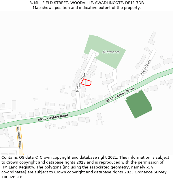 8, MILLFIELD STREET, WOODVILLE, SWADLINCOTE, DE11 7DB: Location map and indicative extent of plot