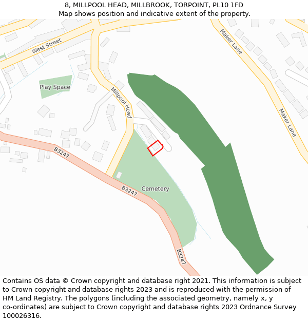 8, MILLPOOL HEAD, MILLBROOK, TORPOINT, PL10 1FD: Location map and indicative extent of plot