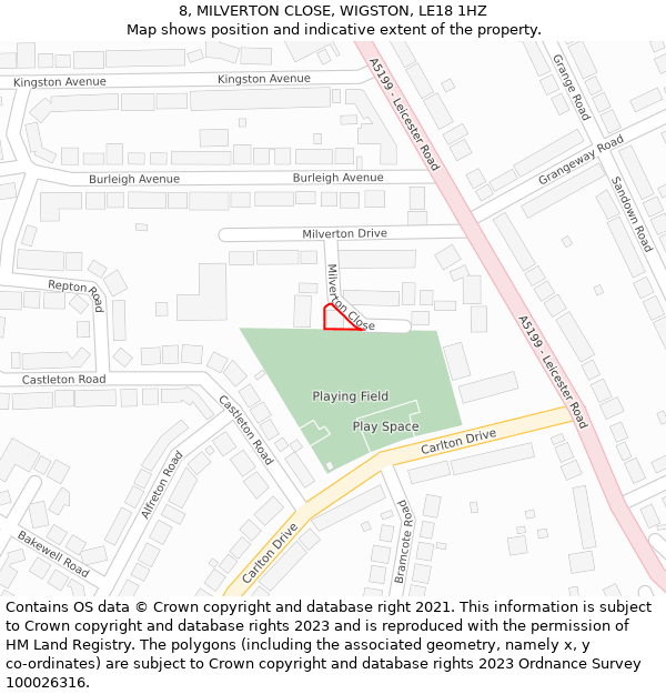 8, MILVERTON CLOSE, WIGSTON, LE18 1HZ: Location map and indicative extent of plot