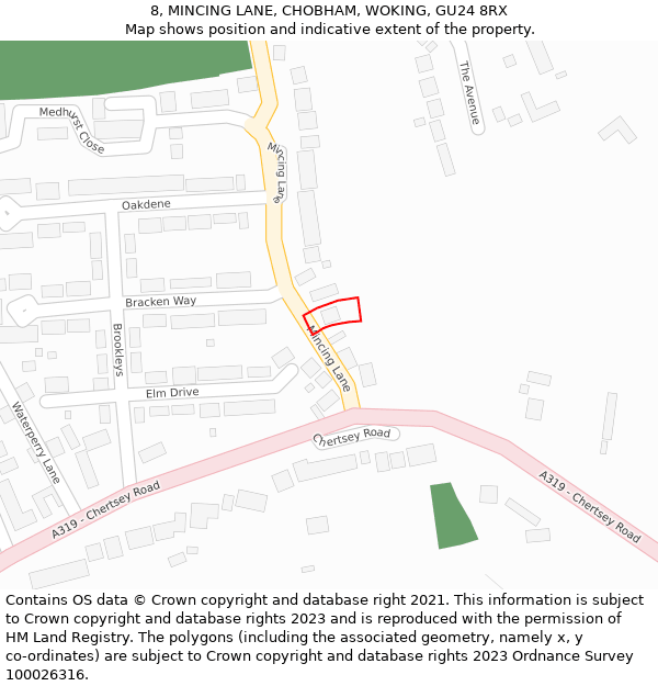 8, MINCING LANE, CHOBHAM, WOKING, GU24 8RX: Location map and indicative extent of plot