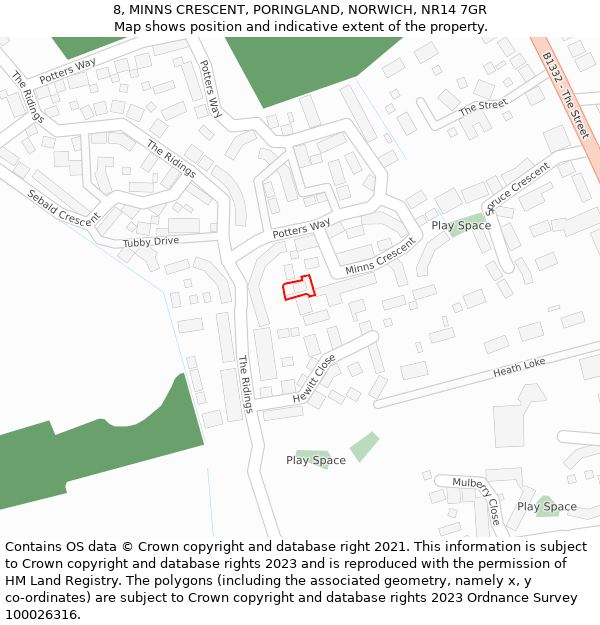 8, MINNS CRESCENT, PORINGLAND, NORWICH, NR14 7GR: Location map and indicative extent of plot