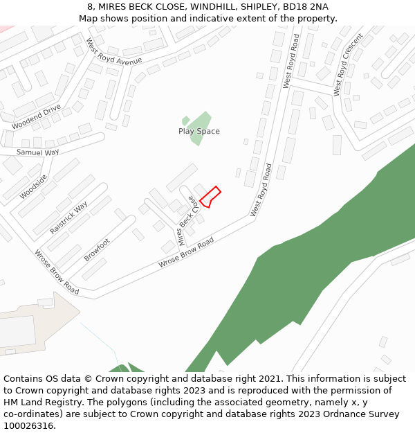 8, MIRES BECK CLOSE, WINDHILL, SHIPLEY, BD18 2NA: Location map and indicative extent of plot