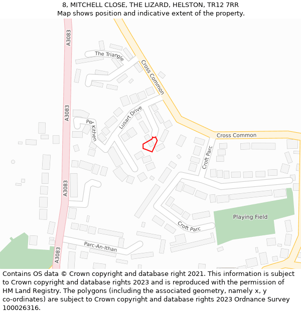 8, MITCHELL CLOSE, THE LIZARD, HELSTON, TR12 7RR: Location map and indicative extent of plot