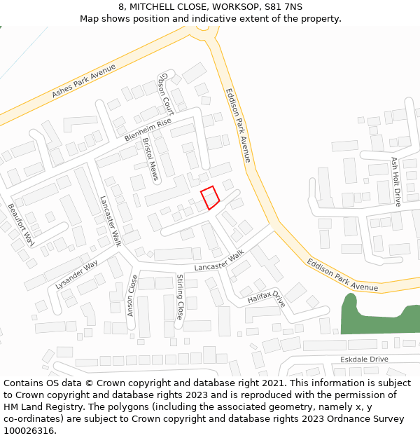 8, MITCHELL CLOSE, WORKSOP, S81 7NS: Location map and indicative extent of plot