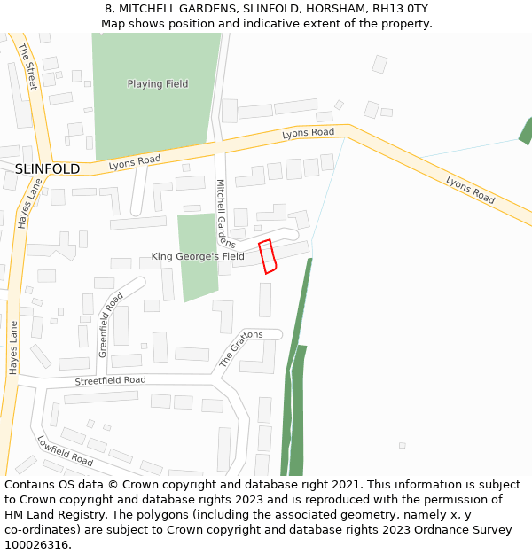8, MITCHELL GARDENS, SLINFOLD, HORSHAM, RH13 0TY: Location map and indicative extent of plot