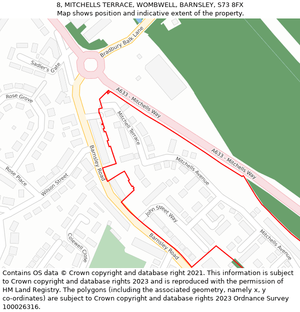 8, MITCHELLS TERRACE, WOMBWELL, BARNSLEY, S73 8FX: Location map and indicative extent of plot