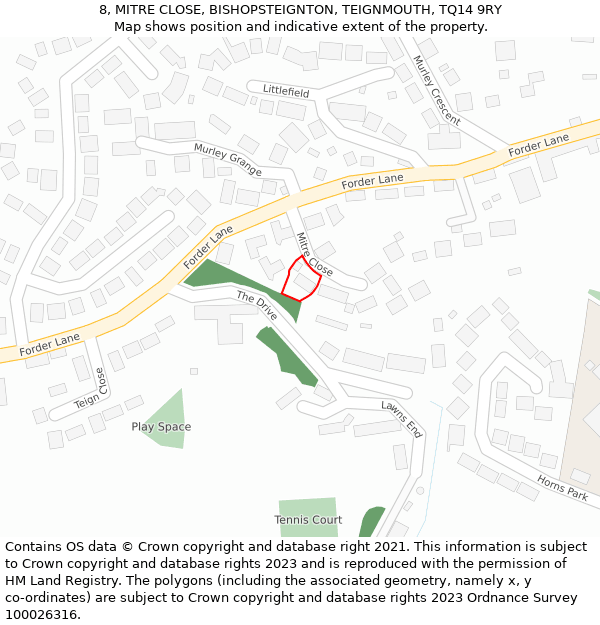 8, MITRE CLOSE, BISHOPSTEIGNTON, TEIGNMOUTH, TQ14 9RY: Location map and indicative extent of plot