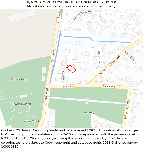 8, MONDEMONT CLOSE, HOLBEACH, SPALDING, PE12 7EP: Location map and indicative extent of plot