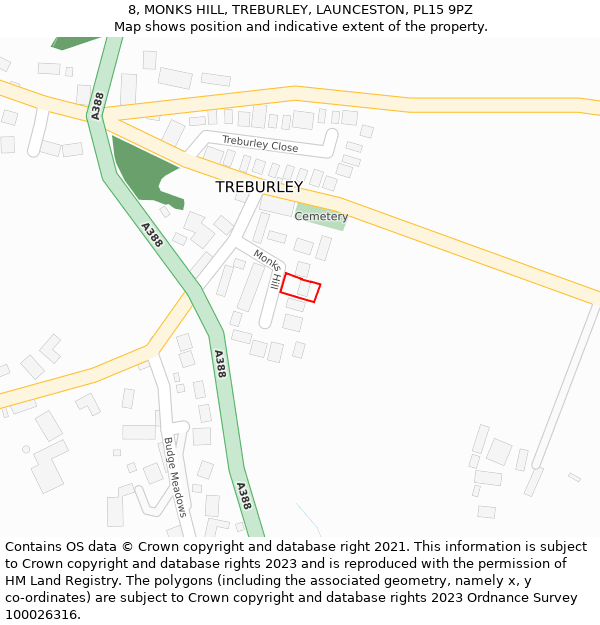 8, MONKS HILL, TREBURLEY, LAUNCESTON, PL15 9PZ: Location map and indicative extent of plot