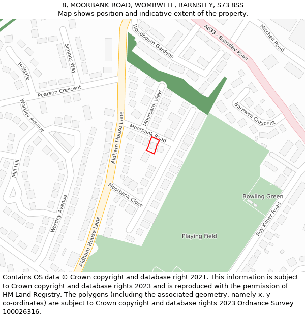 8, MOORBANK ROAD, WOMBWELL, BARNSLEY, S73 8SS: Location map and indicative extent of plot