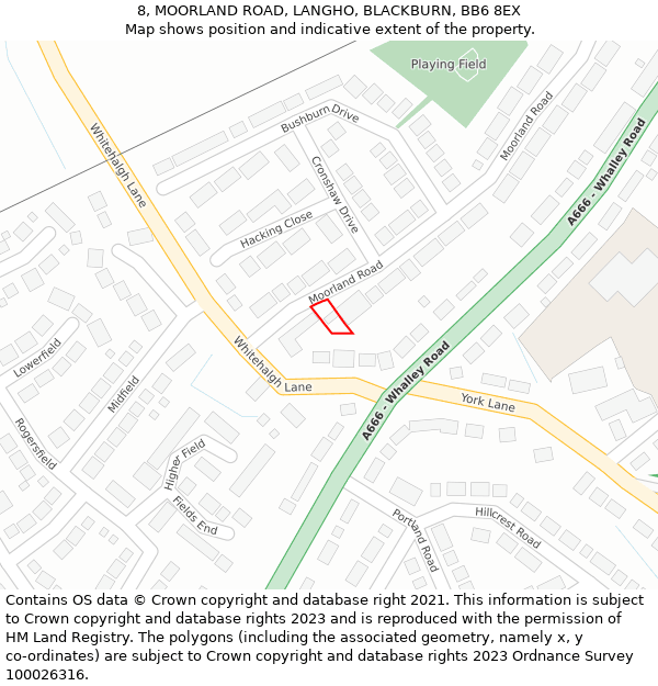 8, MOORLAND ROAD, LANGHO, BLACKBURN, BB6 8EX: Location map and indicative extent of plot