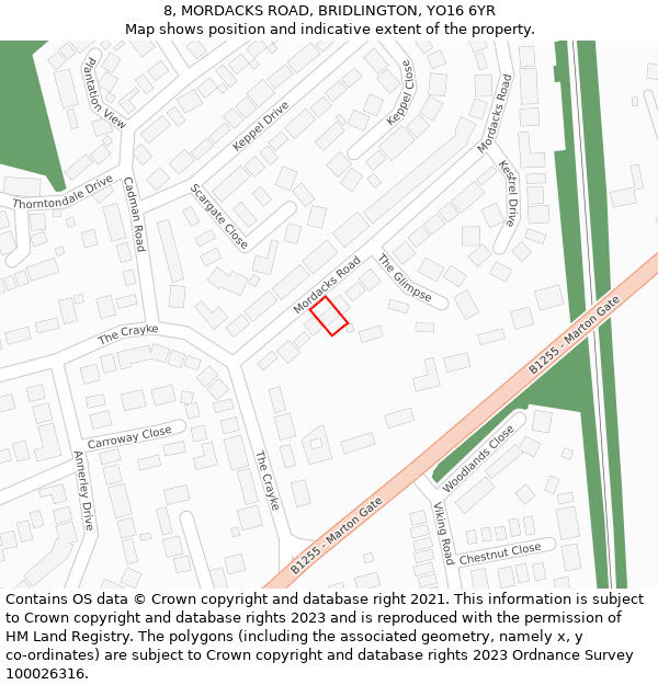 8, MORDACKS ROAD, BRIDLINGTON, YO16 6YR: Location map and indicative extent of plot