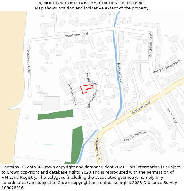 8, MORETON ROAD, BOSHAM, CHICHESTER, PO18 8LL: Location map and indicative extent of plot