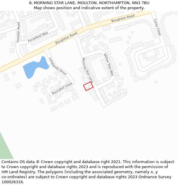 8, MORNING STAR LANE, MOULTON, NORTHAMPTON, NN3 7BU: Location map and indicative extent of plot