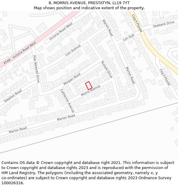 8, MORRIS AVENUE, PRESTATYN, LL19 7YT: Location map and indicative extent of plot