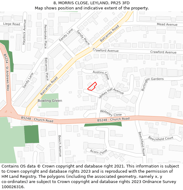 8, MORRIS CLOSE, LEYLAND, PR25 3FD: Location map and indicative extent of plot