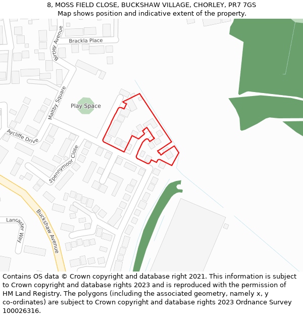 8, MOSS FIELD CLOSE, BUCKSHAW VILLAGE, CHORLEY, PR7 7GS: Location map and indicative extent of plot