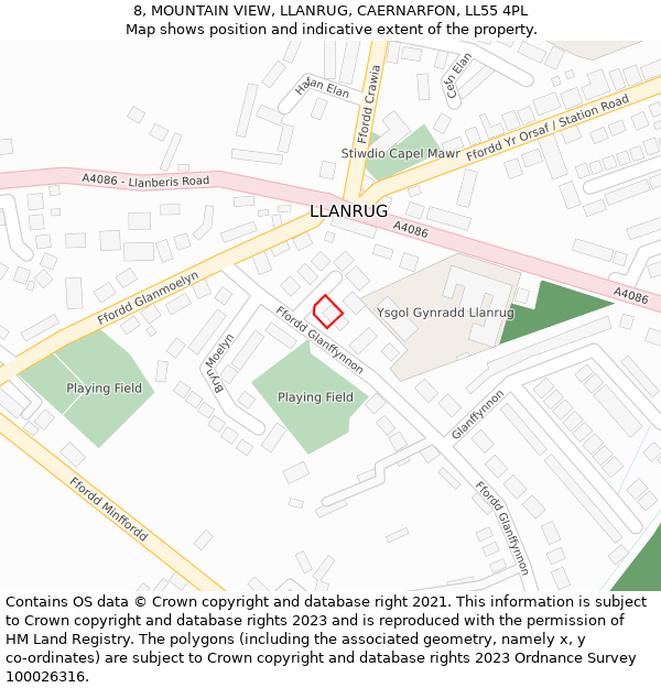 8, MOUNTAIN VIEW, LLANRUG, CAERNARFON, LL55 4PL: Location map and indicative extent of plot