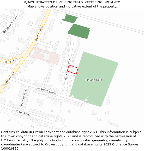 8, MOUNTBATTEN DRIVE, RINGSTEAD, KETTERING, NN14 4TX: Location map and indicative extent of plot