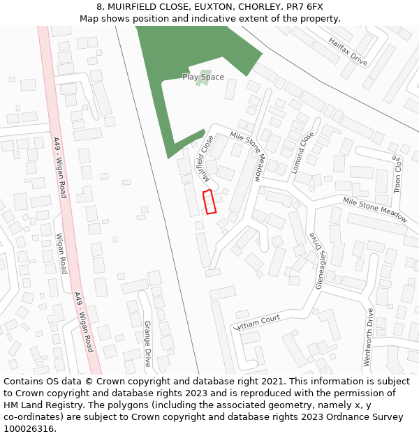 8, MUIRFIELD CLOSE, EUXTON, CHORLEY, PR7 6FX: Location map and indicative extent of plot