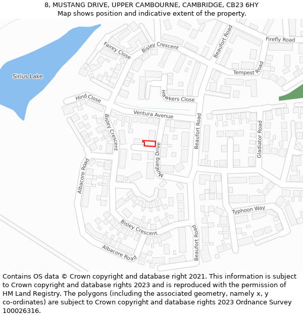 8, MUSTANG DRIVE, UPPER CAMBOURNE, CAMBRIDGE, CB23 6HY: Location map and indicative extent of plot