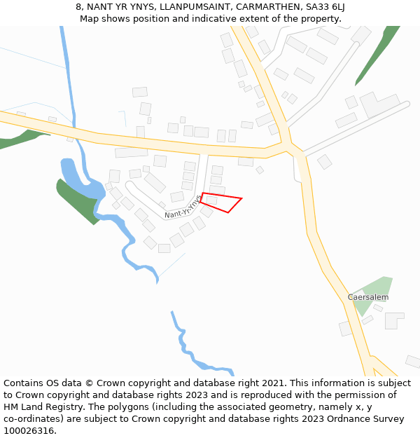 8, NANT YR YNYS, LLANPUMSAINT, CARMARTHEN, SA33 6LJ: Location map and indicative extent of plot