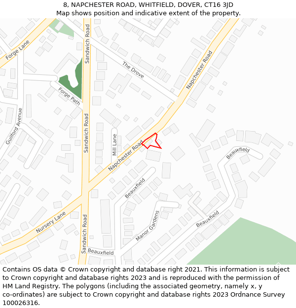 8, NAPCHESTER ROAD, WHITFIELD, DOVER, CT16 3JD: Location map and indicative extent of plot