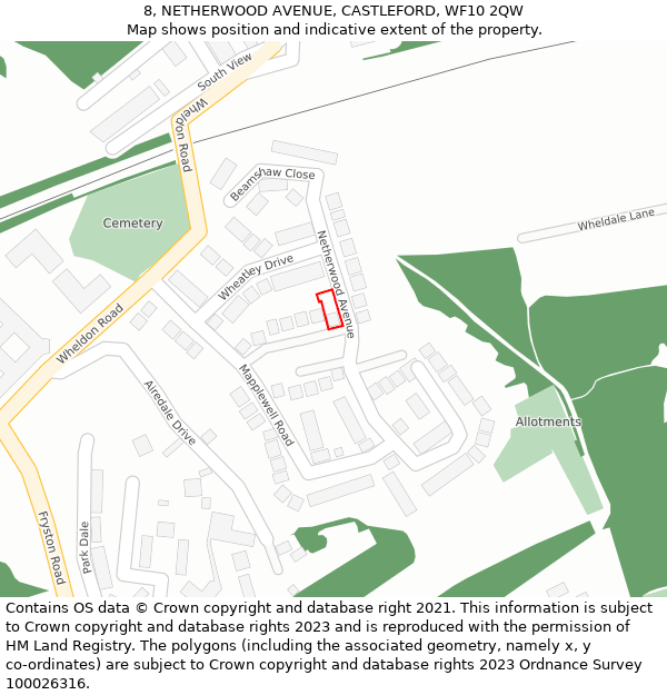 8, NETHERWOOD AVENUE, CASTLEFORD, WF10 2QW: Location map and indicative extent of plot