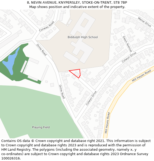 8, NEVIN AVENUE, KNYPERSLEY, STOKE-ON-TRENT, ST8 7BP: Location map and indicative extent of plot