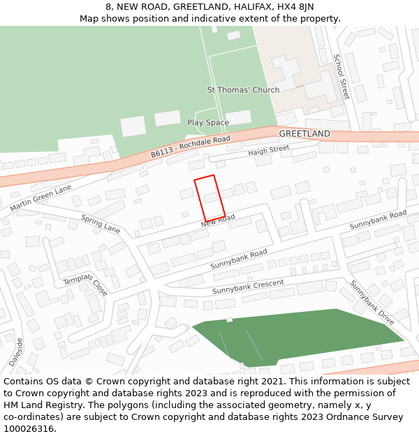 8, NEW ROAD, GREETLAND, HALIFAX, HX4 8JN: Location map and indicative extent of plot