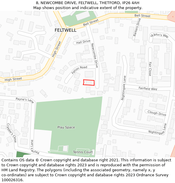 8, NEWCOMBE DRIVE, FELTWELL, THETFORD, IP26 4AH: Location map and indicative extent of plot