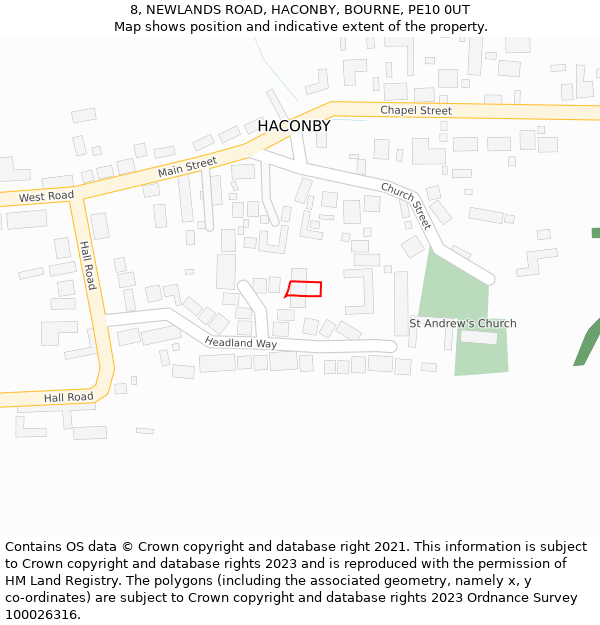 8, NEWLANDS ROAD, HACONBY, BOURNE, PE10 0UT: Location map and indicative extent of plot