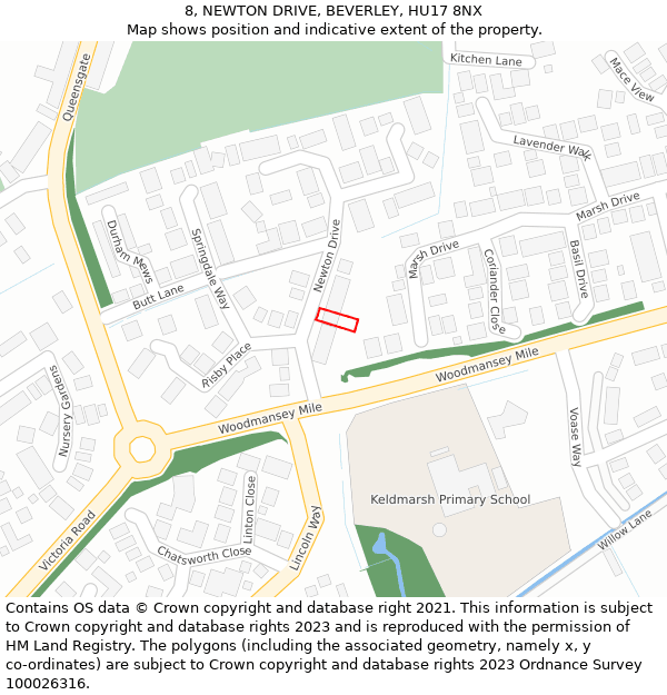 8, NEWTON DRIVE, BEVERLEY, HU17 8NX: Location map and indicative extent of plot