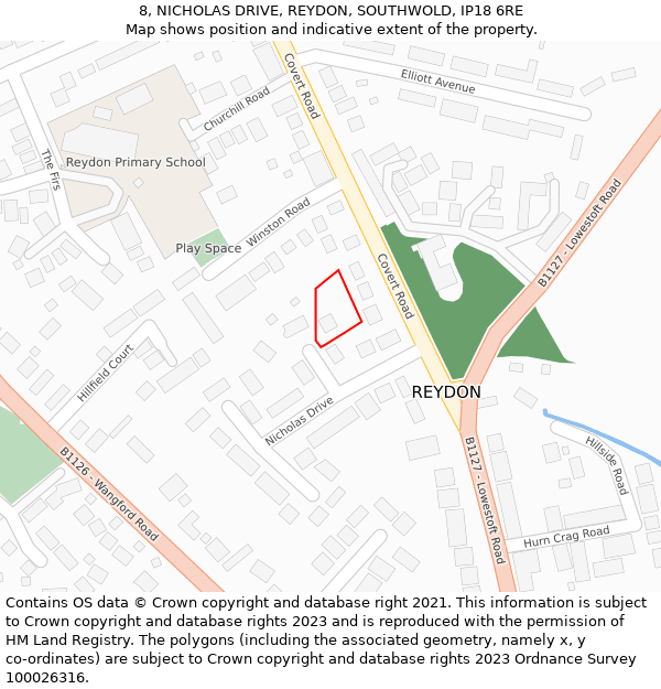 8, NICHOLAS DRIVE, REYDON, SOUTHWOLD, IP18 6RE: Location map and indicative extent of plot