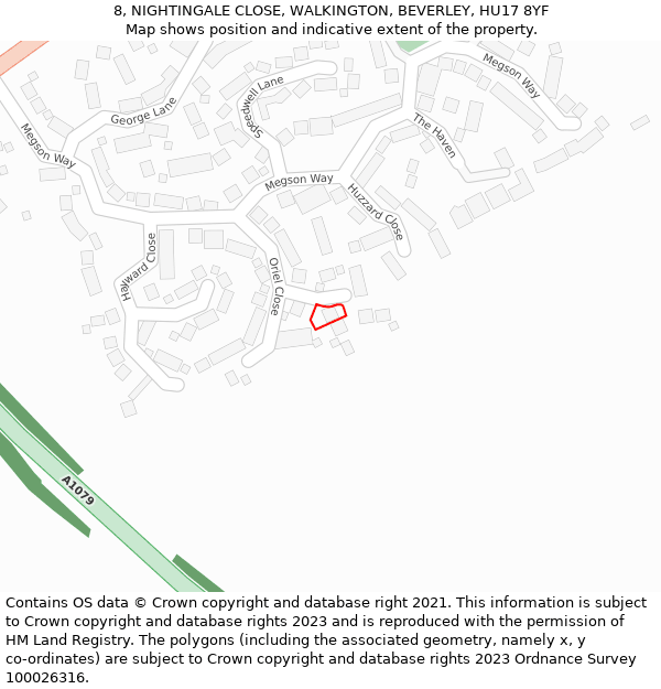 8, NIGHTINGALE CLOSE, WALKINGTON, BEVERLEY, HU17 8YF: Location map and indicative extent of plot