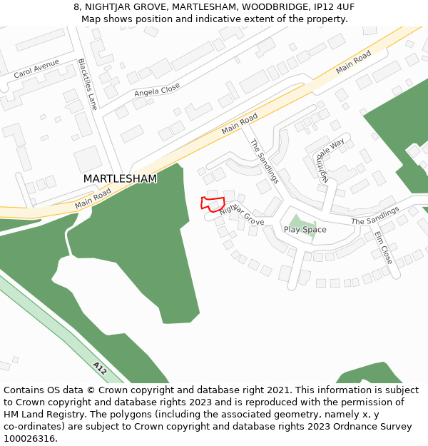 8, NIGHTJAR GROVE, MARTLESHAM, WOODBRIDGE, IP12 4UF: Location map and indicative extent of plot