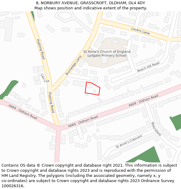 8, NORBURY AVENUE, GRASSCROFT, OLDHAM, OL4 4DY: Location map and indicative extent of plot
