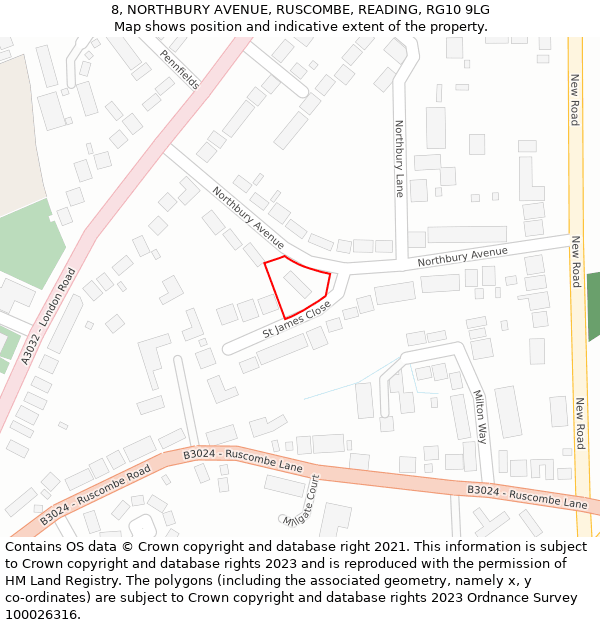 8, NORTHBURY AVENUE, RUSCOMBE, READING, RG10 9LG: Location map and indicative extent of plot