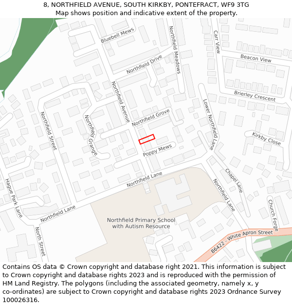 8, NORTHFIELD AVENUE, SOUTH KIRKBY, PONTEFRACT, WF9 3TG: Location map and indicative extent of plot