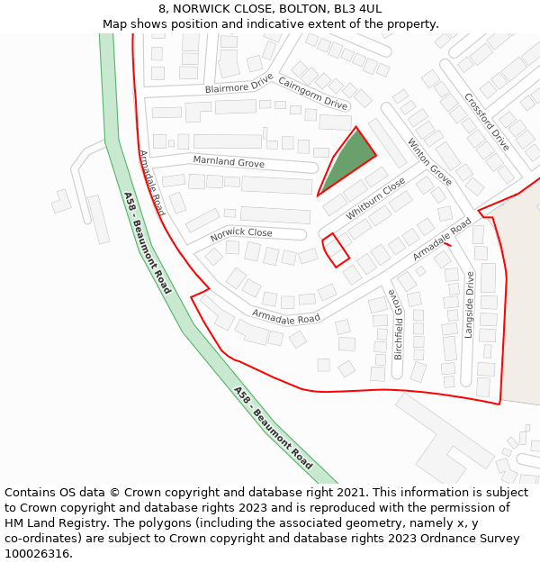 8, NORWICK CLOSE, BOLTON, BL3 4UL: Location map and indicative extent of plot