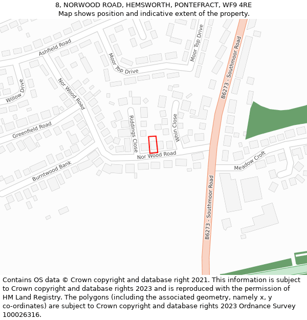 8, NORWOOD ROAD, HEMSWORTH, PONTEFRACT, WF9 4RE: Location map and indicative extent of plot