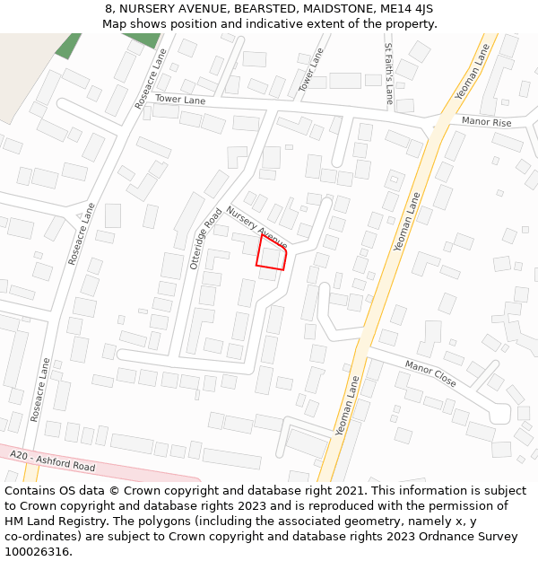 8, NURSERY AVENUE, BEARSTED, MAIDSTONE, ME14 4JS: Location map and indicative extent of plot