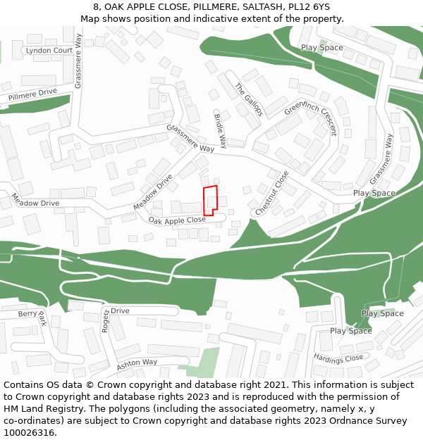 8, OAK APPLE CLOSE, PILLMERE, SALTASH, PL12 6YS: Location map and indicative extent of plot