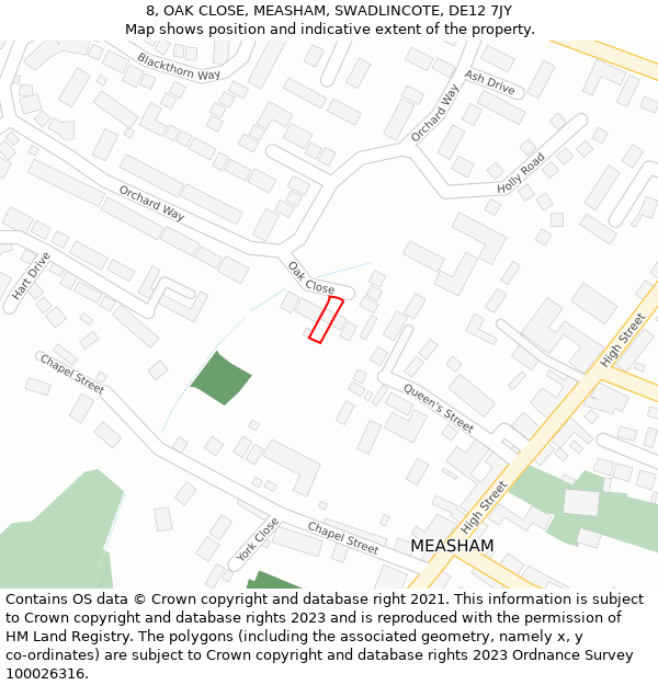 8, OAK CLOSE, MEASHAM, SWADLINCOTE, DE12 7JY: Location map and indicative extent of plot