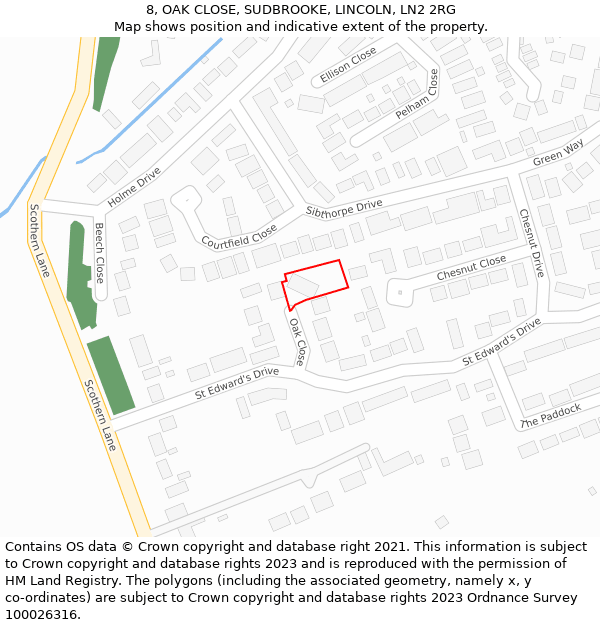 8, OAK CLOSE, SUDBROOKE, LINCOLN, LN2 2RG: Location map and indicative extent of plot